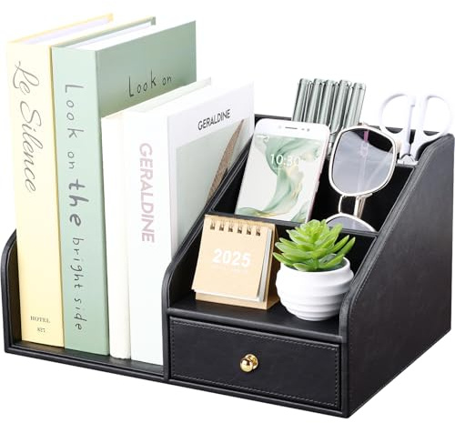 GORESE Organiseur de Bureau avec Range Document, Rangement Bureau en Cuir Rangement Papier avec Tiroir et 4 Porte-Stylos,Corbeille à Courrier pour Fournitures de Bureau,Maison,École et Hôpital- Noir