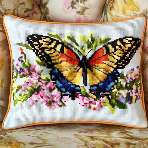 ANSIWEIGO Juego de anudados DIY para adultos principiantes, funda de almohada o alfombra con patrón preimpreso, 43 x 43 cm, cojín de nudos, decoración del hogar, flor y mariposa