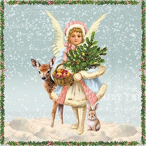 20 Servietten Weihnachten Engel mit Reh Nostalgie blau als Tischdeko. Papierservietten mit Motiv. Auch für Decoupage und Serviettentechnik 33x33cm