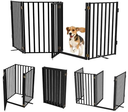 Lezbanz Full Metal Freestanding Dog Gates with Door, 32 Height Dog Fences for Indoor & Outdoor, Extra Wide Foldable Pet Gates for Stairs, Hallways, Doorways, Yard (4 Panels, 80 W × 32 H)