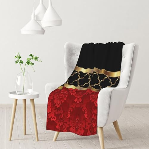 InOmak Elegante motivo a quadrifoglio rosso, nero e oro,Coperta morbida, calda, anti-pilling, in flanella, peluche, 76 x 102 cm