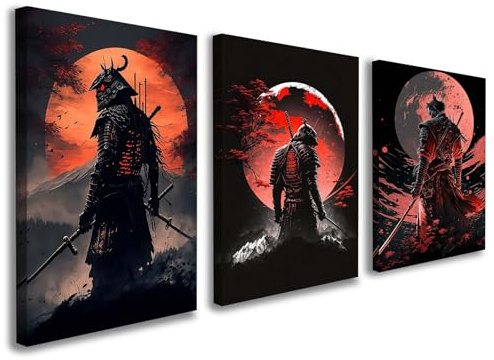 Galmcook Set of 3 Framed Canvas Wall Art 12x16 Inch Samurai Warrior Artwork Japanese Wall Canvas Pictures for Living Room Bedroom Gaming Room Wall Decoration Prints with Hooks and Magic Tape