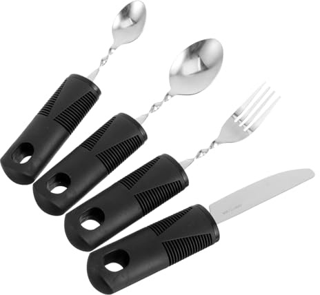 Juego de Utensilios Adaptables Negros de 4 Piezas para Adultos | Acero Inoxidable, Goma y Plástico, Mangos Grandes Antideslizantes, Reutilizable, Flexible
