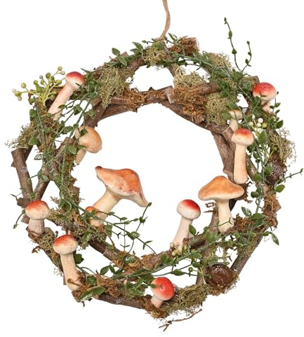 Widdop Mushroom Christmas Wreath – 35cm Woodland Style Wreath with Faux Mushrooms, Moss & Twigs – Rustic Winter Door or Wall Decoration