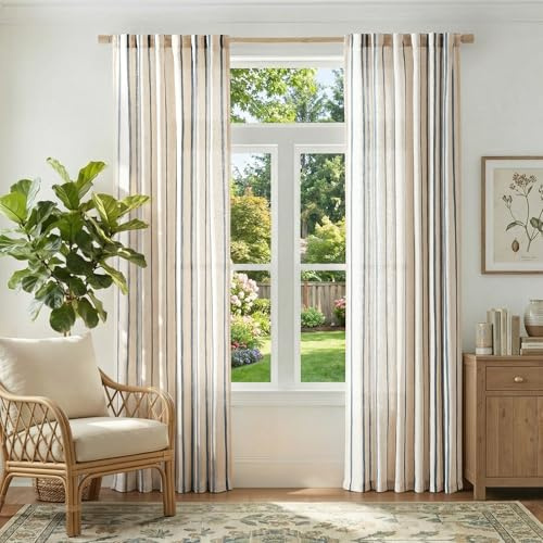 jinchan Linen Curtains for Living Room Striped Curtains Blue on Beige Thick Textured Light Filtering Drapes Bedroom Dining Room Coastal Rustic Farmhouse Cottage Core Style 2 Panels 84 Inches Back Tab