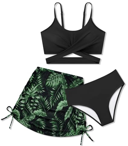 Miyanuby Teen Girls 3Piece Bathing Suit Criss Cross Spaghetti Straps Bikini Set with Cover Up Tropical Print Beach Skirt