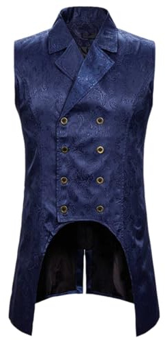 Generisch Chaleco de traje para hombre de longitud media, chaleco de traje cortés estilo victoriano, chaleco steampunk, vintage, largo, esmoquin, doble botonadura, ropa gótica, medieval, azul marino
