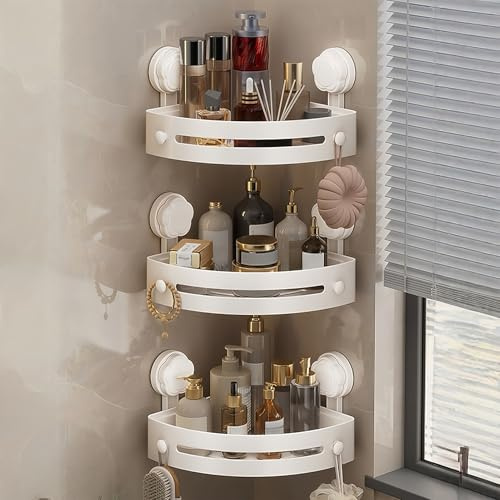 3 Packs Corner Shower caddys Suction Cup, No Drilling Shower Shelf, ShowerShelves with Towel Rack Hooks, 40 Lbs Load, Wall Mounted Storage Basket for Bathrooms Storage Bathtub Hotel Home Apartment