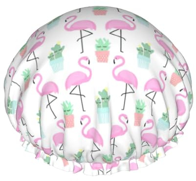 Tropical Flamingo Cute Cactus Print Hair Cover For Shower, Women Adjustable Hair Cap Stylish Large Waterproof Shower Bonnet