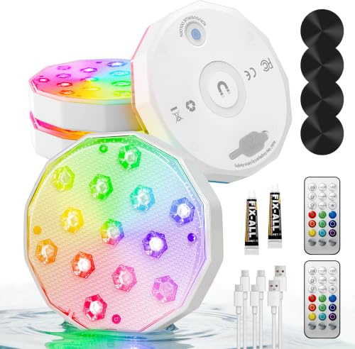 Ollny LED Poolbeleuchtung RGB Magnetic Wiederaufladbar Unterwasser 4 Stück | Pool Licht, Schwimmende Pool zubehör für Schwimmbad, Brunnen, Teich, Aquarium, Party Deko