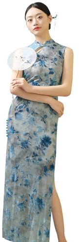 ROYAL SMEELA Cheongsam Velours pour Femme Qipao Imprimé Sexy Robe Qipao sans Manches Col Mandarin Robe Cheongsam Qipao Traditionnelle Chinoise Qipao Longue Adulte Robes Cheongsam Fente Bleu