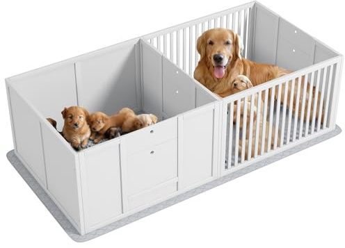 PawHut Parc de Mise Bas pour Chiens Porte Ajustable 166x80x50 cm Blanc | Caisse de Mise Bas pour Chiots 2 Pièces, Tapis d'Aisance, Parc Intérieur, Grande Race