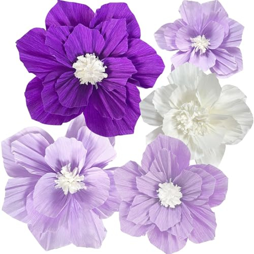 5 Piezas Flores de Papel Crepé 3D Decoraciones de Pared Florales | Flores de Papel Púrpura, Flores de Papel Para Decoración, para Salas de Estar, Bodas, Cumpleaños y Diversas Fiestas