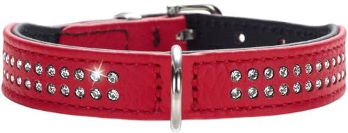 HUNTER Diamond Petit Hundehalsband für kleine Hunde | Rindnappaleder, besonders leicht, für kleinsthunde, mit Strasssteinchen, Farbe: Rot/Schwarz, Größe: 27