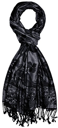 Lorenzo Cana Marken Herren Schal Schaltuch mit Fransen Schwarz Grau Anthrazit Naturfaser opulentes Muster modischer Männerschal Tuch 70 cm x 200 cm - 7833011