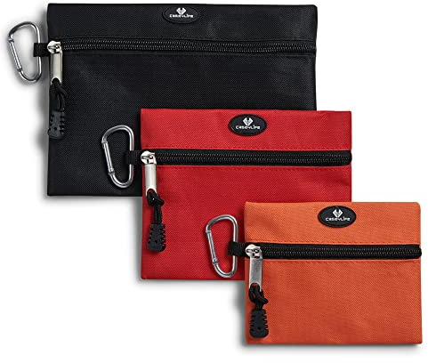 Case4Life - Heavy Duty Tool Pouch Bags Set - Set of 3 Sizes - Zipped Tool Organisers with Tool Belt Attachment Carabiner - Red, Black & Orange Storage Pouches