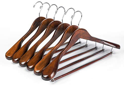 Luxury Wide Shoulder Wooden Hangers 6 Pack, with Locking Bar, Smooth Retro Finish Wood Suit Hanger Coat Hanger for Closet, Holds Up to 20lbs, 360° Swivel Hook, for Jacket, Dress Heavy Clothes Hangers