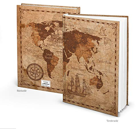 Blanko-Notizbuch, DIN A4: Tagebuch mit Weltkarte, XXL Note Book, Journal für Notizen, Hardcover, 164 leere Seiten, Geschenk Vintage, Terminplaner, Reisetagebuch, Journaling Buch Erwachsene, Planer