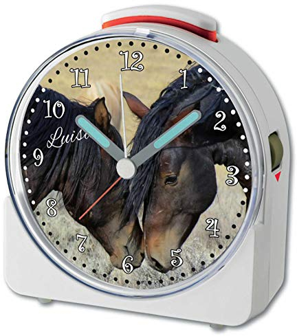 CreaDesign, WU-71-1116, Paint Horses, analog Kinderwecker weiß, Funkwecker mit Sweep-Uhrwerk und fluoreszierenden Zeiger und Licht, personlisiert mit Namen, 10,2 x 4,6 x 11 cm