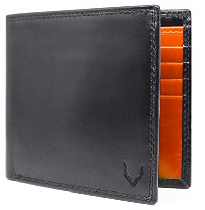 PELLE TORO Minimalist Slim Mens Wallet, Handmade Real Leather Card Wallet with RFID Blocking, 10 Card Holder Slots & Note Section, Black & Orange