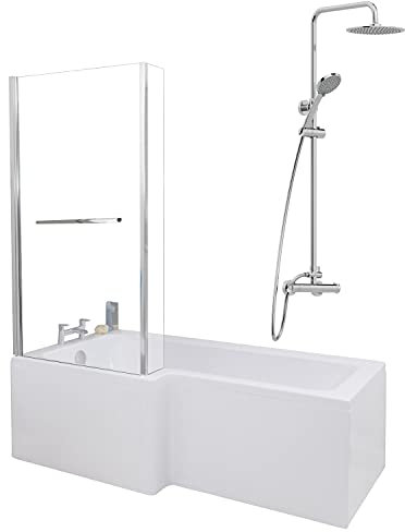 1700 x 855mm Left Hand L Shaped Shower Bath Bathroom Bathtub Glass Shower Screen with Rail Front Panel & Thermostatic Mixer Shower Set Handheld Chrome Round Rainfall Head