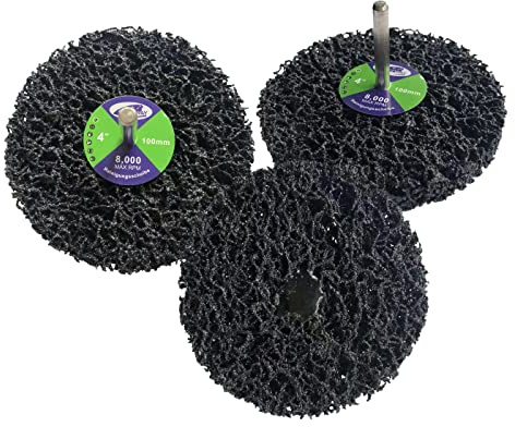 GOODWAY® Reinigungsscheiben Set │ Ø 100 mm x 6 mm x 13 mm │ 5 Stück mit Spanndorn │ Grobreinigungsscheiben für Bohrmaschinen │ Für Rost-, Lack- und Schmutzentfernung