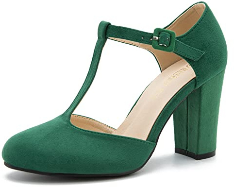 Women's T-Strap Mary Jane Pumps, Chunky Heel, Vintage Style, Cut Out, 3.54 Inch Round Toe Dress Shoes Suede Green US 9.5