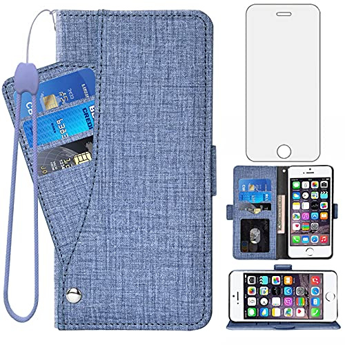 Asuwish Compatible with iPhone 5S 5 SE 2016 1 1st Gen 5SE Wallet Case and Tempered Glass Screen Protector Flip Cover Card Holder Cell Phone Cases for iPhone5 iPhone5s iPhoneSE iPhone6se i 6SE Blue