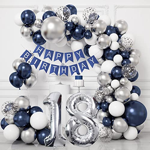 Décoration d'anniversaire pour garçon, 18e anniversaire fille, bleu et argent, ballon avec bannière Happy Birthday, guirlande de ballons pour femme et homme, décoration 18e anniversaire