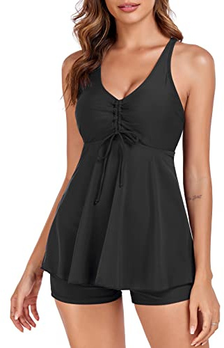 FLYILY Womens Print Strappy Tankini Sets Tummy Control Bathing Suits Cross Back Tankini Top(Black,XXL)