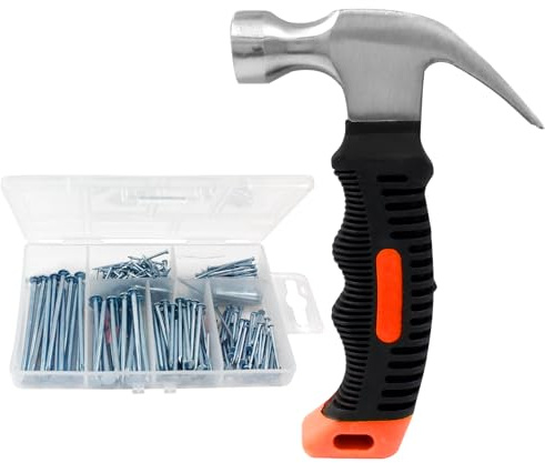 Unlorspy Small Hammer with 260 Pcs Hardware Nails Assortment Kit,Mini Hammer with Anti-Slip Handle and Wall Nails for Picture Hanging（Red）