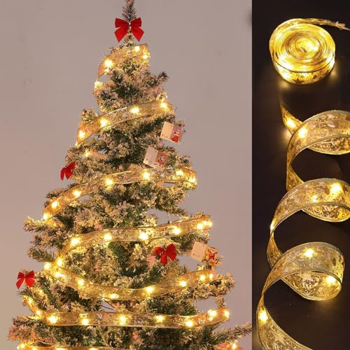 XVZ Weihnachtsband Lichterkette, 10m 100 LED Kupfer Lichterkette 2 Modi Batteriebetrieben, Silbernes Sternmond Schleifenband mit Warmweißem Licht für Weihnachten, Festliche Deko