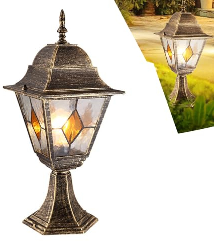 Sockelleuchte Außen in Gold Antik Aluminium Glas E27 IP44 wetterfeste Außenlampe stehend Garten Pollerleuchten Wege Aussen Metall Wegeleuchten Lampenschirm Terrasse Hof Terrasse Pathway Balkon (B)