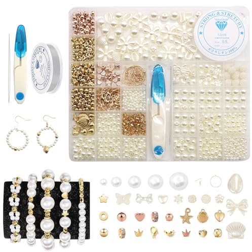 HDKAJL 920 Stück weißgoldene polierte lose Perlen – 4/6/8/10/12 mm DIY Armband, Ohrringe und Halskette Herstellung Kit ​