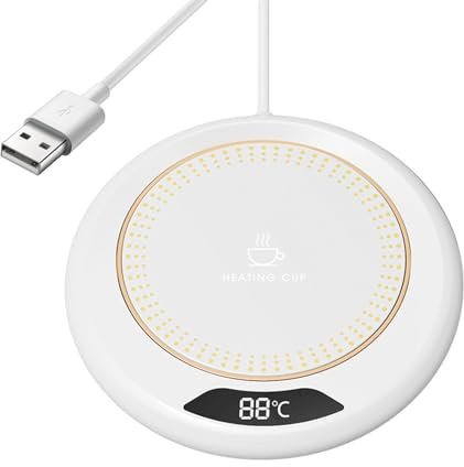 Posavasos calentado, calentador de bebidas USB portátil de 20 W, almohadilla térmica para taza de café con taza de cerámica, ajuste de temperatura de 3 niveles, calentador de tazas para café, cacao,