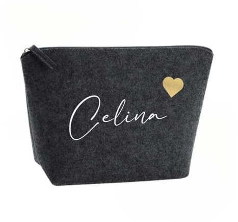 Kosmetiktasche Filz - Schminktasche personalisiert - Tasche mit Name Schreibschrift und Herz - Kosmetikbeutel mit Namen - Filztasche - Geschenkidee (Dunkelgrau, M)