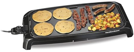 Hamilton Beach 200 Sq. In. Electric Griddle With Adjustable Temperature for 200 to 400 degrees, PTFE & PFOA Free Durathon Ceramic Reversible Nonstick Surface, Black (38522)