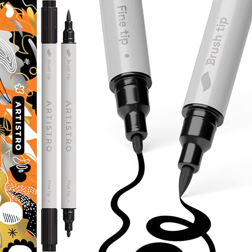 ARTISTRO 2 Black Acrylic Paint Pens, Dual Tip, Acrylic Marker Pens for Fabric, Canvas, Rock, Glass, Wood, Paper, DIY, Kids and Adults (Brush + Fine 1 mm)
