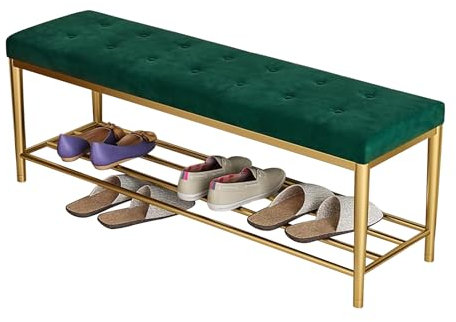 WAGXIyU Samt-Bettbank mit Stauraum und goldenem Metallregal, gepolsterte Schuhregalbank für Schlafzimmer, Wohnzimmer, Eingangsbereich, Flur