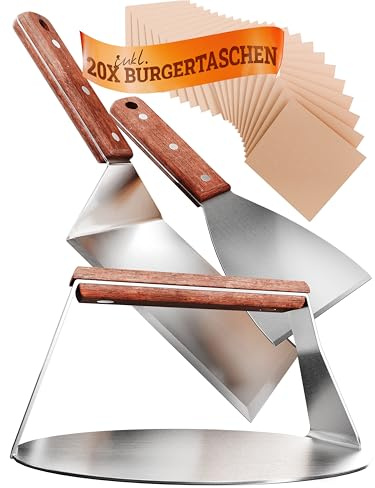 LIKAYA Burger Smasher & Grillspachtel Set [4-TLG.] Edelstahl mit Akazienholz-Griff für Plancha, Grillplatte, Gasgrill & Feuerplatte | 1x Smasher, 1x Spachtel, 1x Wender & 20x Burgerpapier