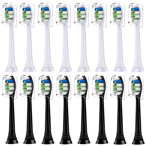 16er Precision Clean Ersatzbürsten Kompatibel mit Philips Sonicare Schallzahnbürste, 8er Schwarz und 8er Weiß Bürstenköpfe. | Ein Set bestehend aus 8 weißen Bürsten und 8 Bürstenköpfe, Zahnbelag gründlich entfernen.