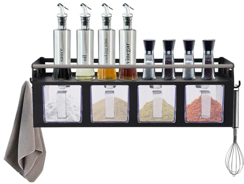 gegeweeret Hängender Gewürzorganisator mit 4 Stück Trennbare Gewürzregal Gewürzdosen,Wandmontiertes Küchenregal für Salz Pfeffer Zucker Gewürze Zucker (Schwarz)