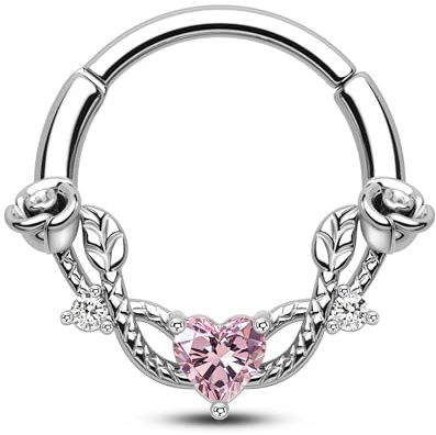 CM Crareesi Mania - Piercing al setto nasale con rose, 16G, anello a segmento con cerniera, in acciaio inossidabile 316L, con chiusura a scatto per daith, cuore in zircone cubico, gioielli per