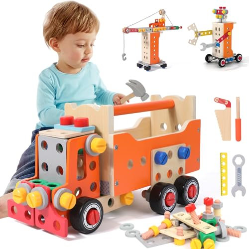 XIAPIA Werkzeugkoffer Kinder 124 Stück Deluxe-Anzug, Montessori Spielzeug ab 3 4 5 Jahre Werkbank aus Holz, Kinderwerkzeug Lernspiele Geschenk Junge Mädchen zum Geburtstag Neujahre Weihnachten