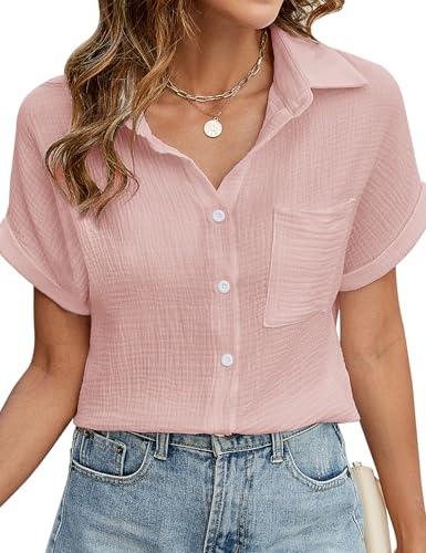 Niwicee Camicia Donna Estiva Camicetta da Donna Manica Corta Cotone Blusa Elegante con Scollo a V Maglietta Top con Bottoni Casual Tinta Unita Classico Camicie Maglia(Rosa,L)
