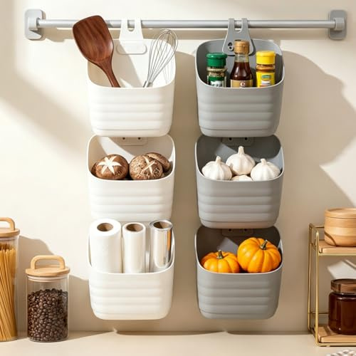 Noamus 6 Pack Plastic Hanging Basket for Kitchen, Over Cabinet Door Organizer with Removable Hook, Stackable Wall Mounted Storage Shower Caddy, No Drilling Shelf Bins for Food Bathroom Pantry Closet