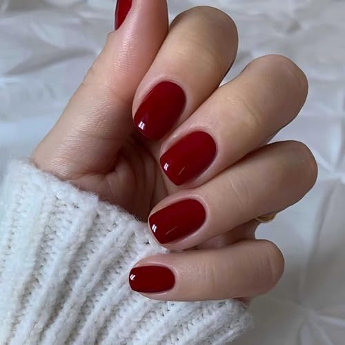 Red False Nails Short - 24Pcs Press on Nails - Wine Red Square Fake Nails - Solid Color Glue on Nails - Acrylic Full Cover Fake Nails for Women Nail Art