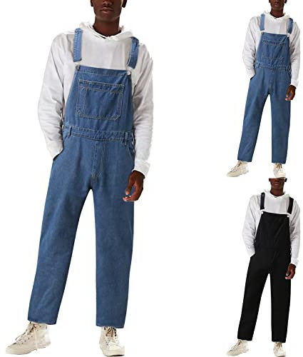 Denim Dungarees Men's Long Stretch Dungarees Jeans 90s Baggy Jeans Overalls Vintage Work Dungarees Destroyed Ripped Jeans Overalls Long Denim Jumpsuit Outdoor Work Trousers Cargo Trousers, black, L