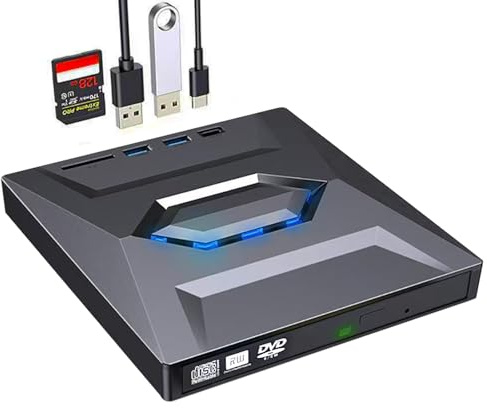 MTWZMM External CD/DVD Drive for PC and Laptop - 5-in-1 USB C Portable DVD Player with SD Card Slot & 3 USB Ports - High-Speed CD Burner Compatible with Mac, Windows 11/10/8/7, Linux