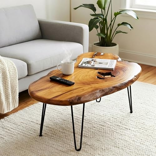 FayuuGem Live Edge Coffee Table, Large Natural Wood Coffee Table for Living Room, Unique Wooden Table with Easy Assembly & Solid Wood Construction
